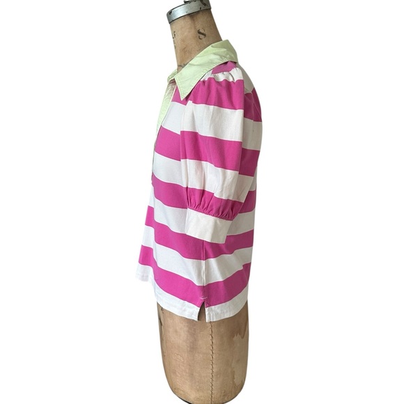 Maeve Anthropologie puff sleeve rugby Pink/White stripe polo top Green Collar S - Picture 5 of 8